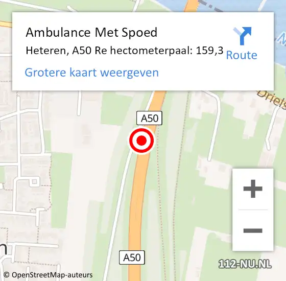 Locatie op kaart van de 112 melding: Ambulance Met Spoed Naar Heteren, A50 Re hectometerpaal: 159,3 op 22 mei 2021 10:21
