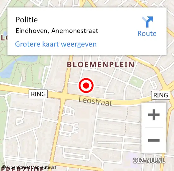 Locatie op kaart van de 112 melding: Politie Eindhoven, Anemonestraat op 24 mei 2021 05:57