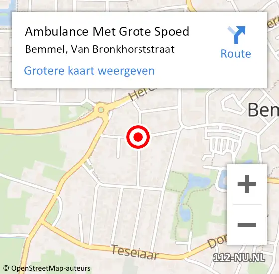 Locatie op kaart van de 112 melding: Ambulance Met Grote Spoed Naar Bemmel, Van Bronkhorststraat op 24 mei 2021 09:29