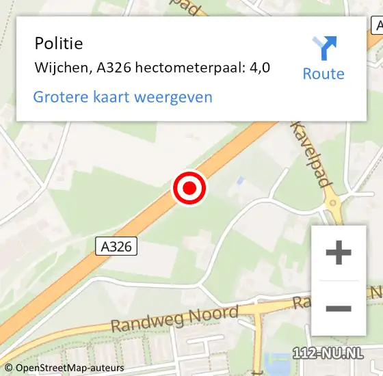 Locatie op kaart van de 112 melding: Politie Wijchen, A326 hectometerpaal: 3,0 op 27 mei 2021 18:40