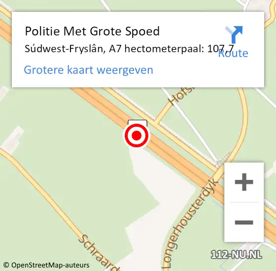 Locatie op kaart van de 112 melding: Politie Met Grote Spoed Naar Súdwest-Fryslân, A7 hectometerpaal: 107,7 op 29 mei 2021 11:02
