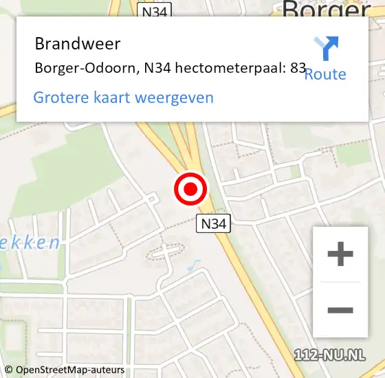 Locatie op kaart van de 112 melding: Brandweer Borger-Odoorn, N34 hectometerpaal: 83 op 30 mei 2021 21:07