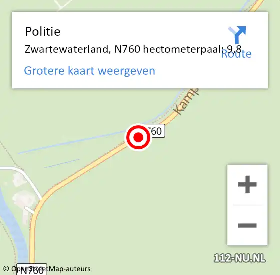 Locatie op kaart van de 112 melding: Politie Zwartewaterland, N760 hectometerpaal: 9,8 op 31 mei 2021 14:56