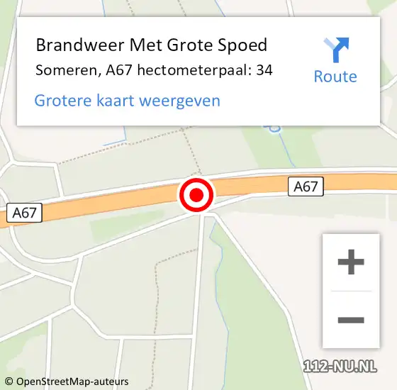 Locatie op kaart van de 112 melding: Brandweer Met Grote Spoed Naar Someren, A67 hectometerpaal: 34 op 1 juni 2021 22:07