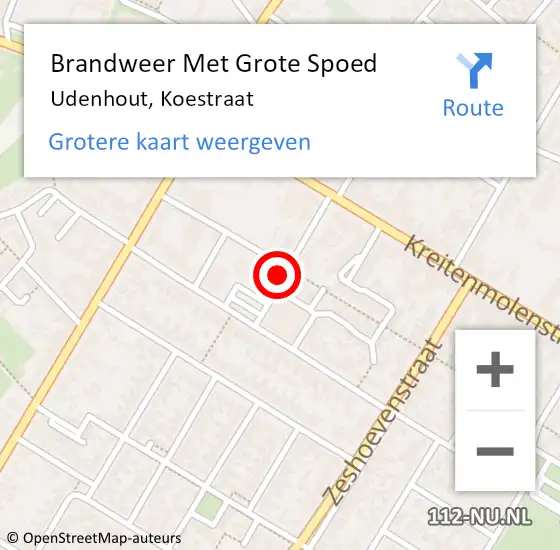 Locatie op kaart van de 112 melding: Brandweer Met Grote Spoed Naar Udenhout, Koestraat op 3 juni 2021 13:16