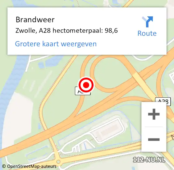 Locatie op kaart van de 112 melding: Brandweer Zwolle, A28 hectometerpaal: 98,6 op 3 juni 2021 14:21