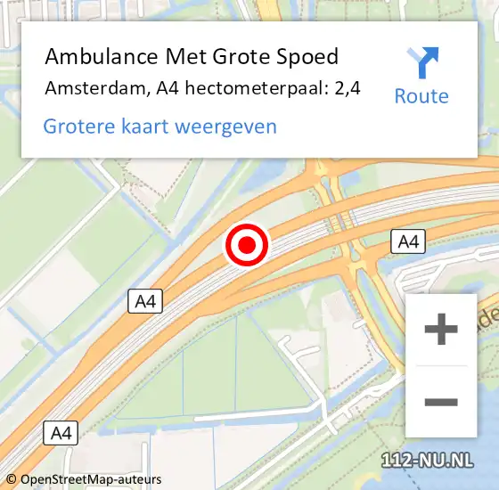 Locatie op kaart van de 112 melding: Ambulance Met Grote Spoed Naar Amsterdam, A4 hectometerpaal: 2,4 op 3 juni 2021 21:37