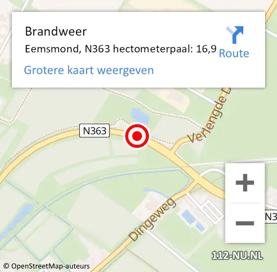 Locatie op kaart van de 112 melding: Brandweer Eemsmond, N363 hectometerpaal: 16,9 op 5 juni 2021 10:43