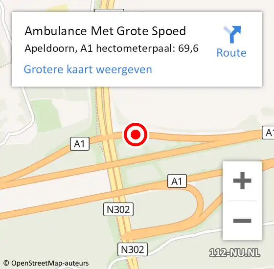 Locatie op kaart van de 112 melding: Ambulance Met Grote Spoed Naar Apeldoorn, A1 hectometerpaal: 69,6 op 5 juni 2021 19:23
