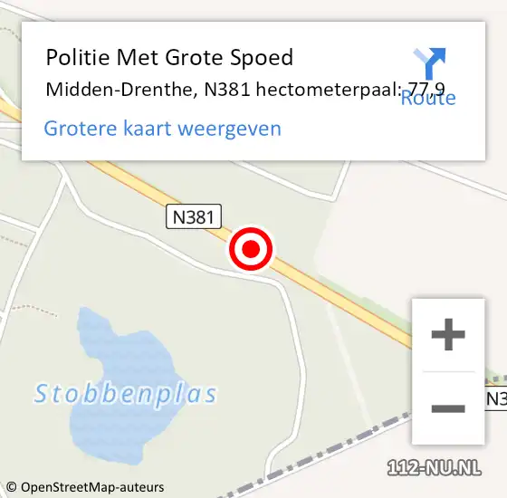 Locatie op kaart van de 112 melding: Politie Met Grote Spoed Naar Midden-Drenthe, N381 hectometerpaal: 77,9 op 5 juni 2021 22:35