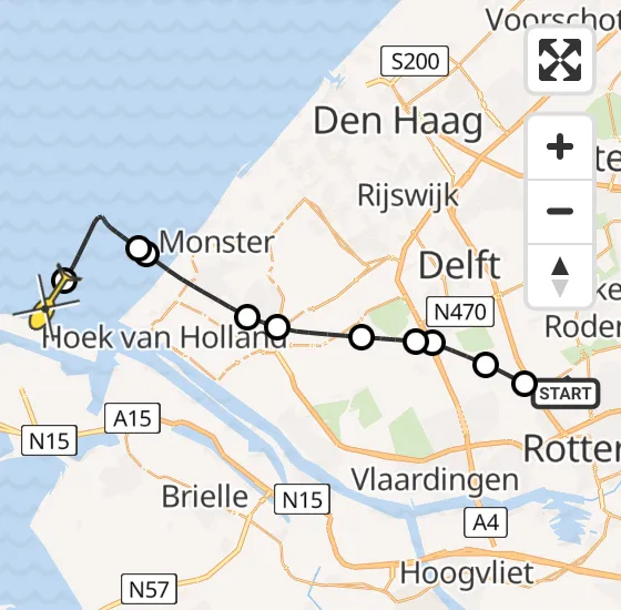 Vlucht Kustwachthelikopter PH-BSR van Rotterdam The Hague Airport naar Hoek van Holland op donderdag 25 april 2024 7:57